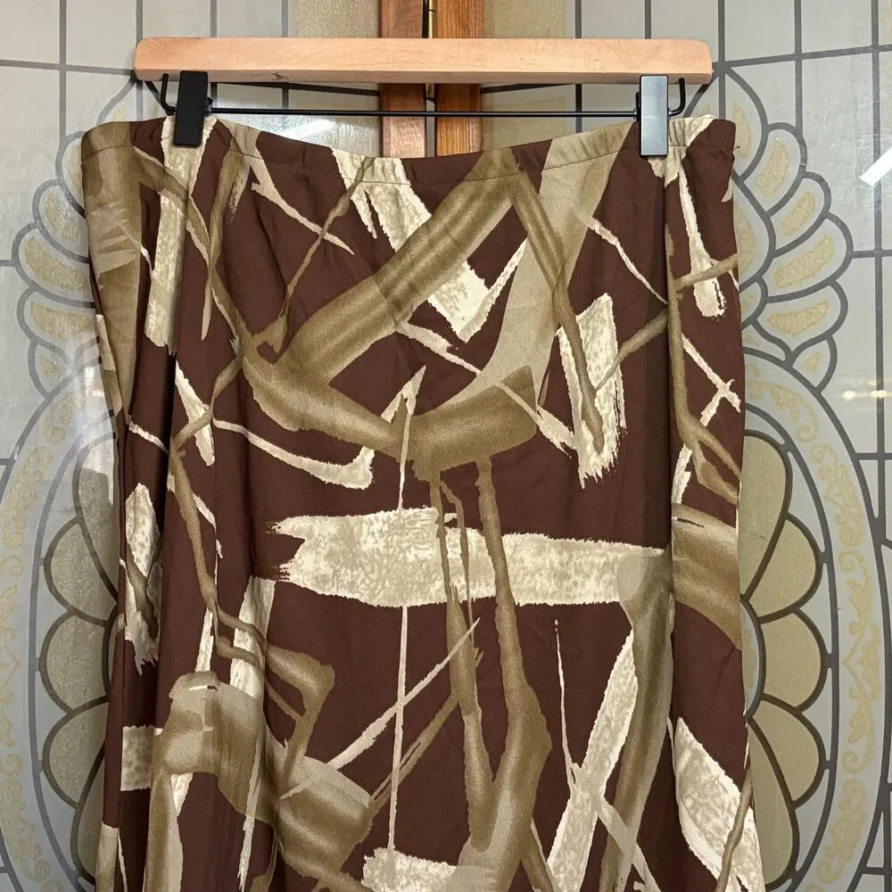 Y2K Fringe Hem Midi Skirt Brown Abstract Print Boho 90s Vintage Skirt Size 1X